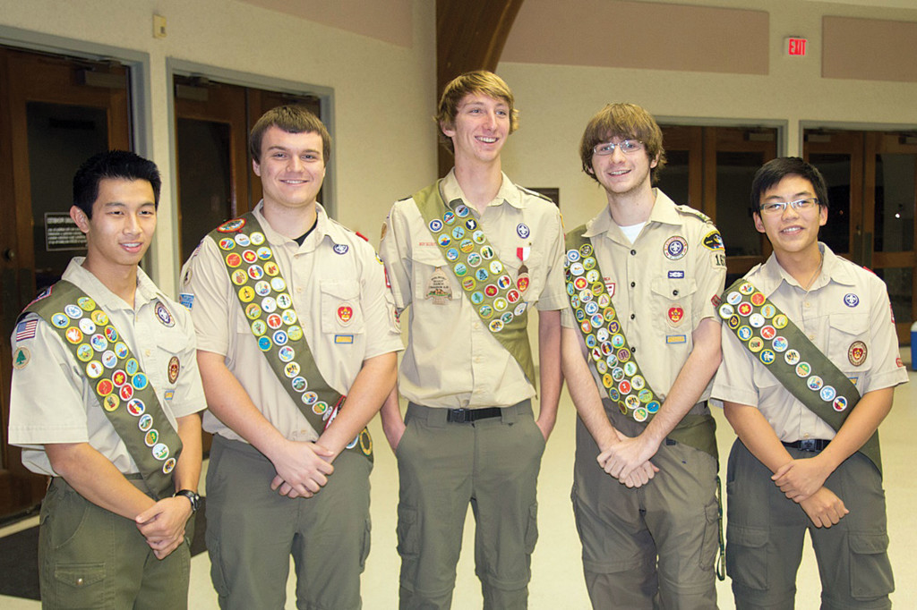 (L-R) Eagle Scouts Michael Wang, Kyle Tollestrup, Zach Saunders, Trey Gifford, and Daniel Ngo.