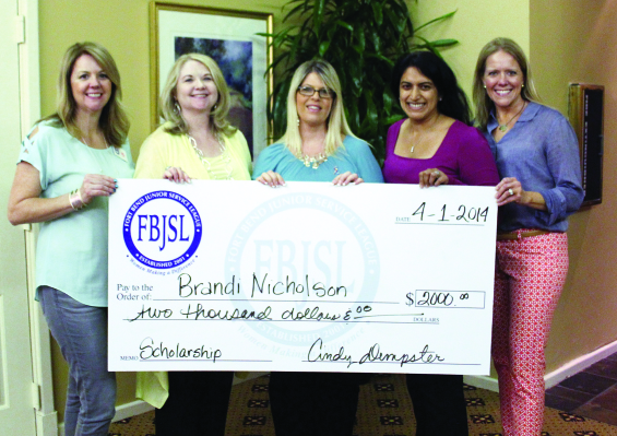 (L-R): Lisa Reese, FBJSL Member, Cindy Dempster, FBJSL Past-President, Brandi Nicholson, New Beginnings Scholarship Recipient, Tanya Pal, FBJSL Beneficiary Review Committee Lead, Debbie Buckner, FBJSL President.