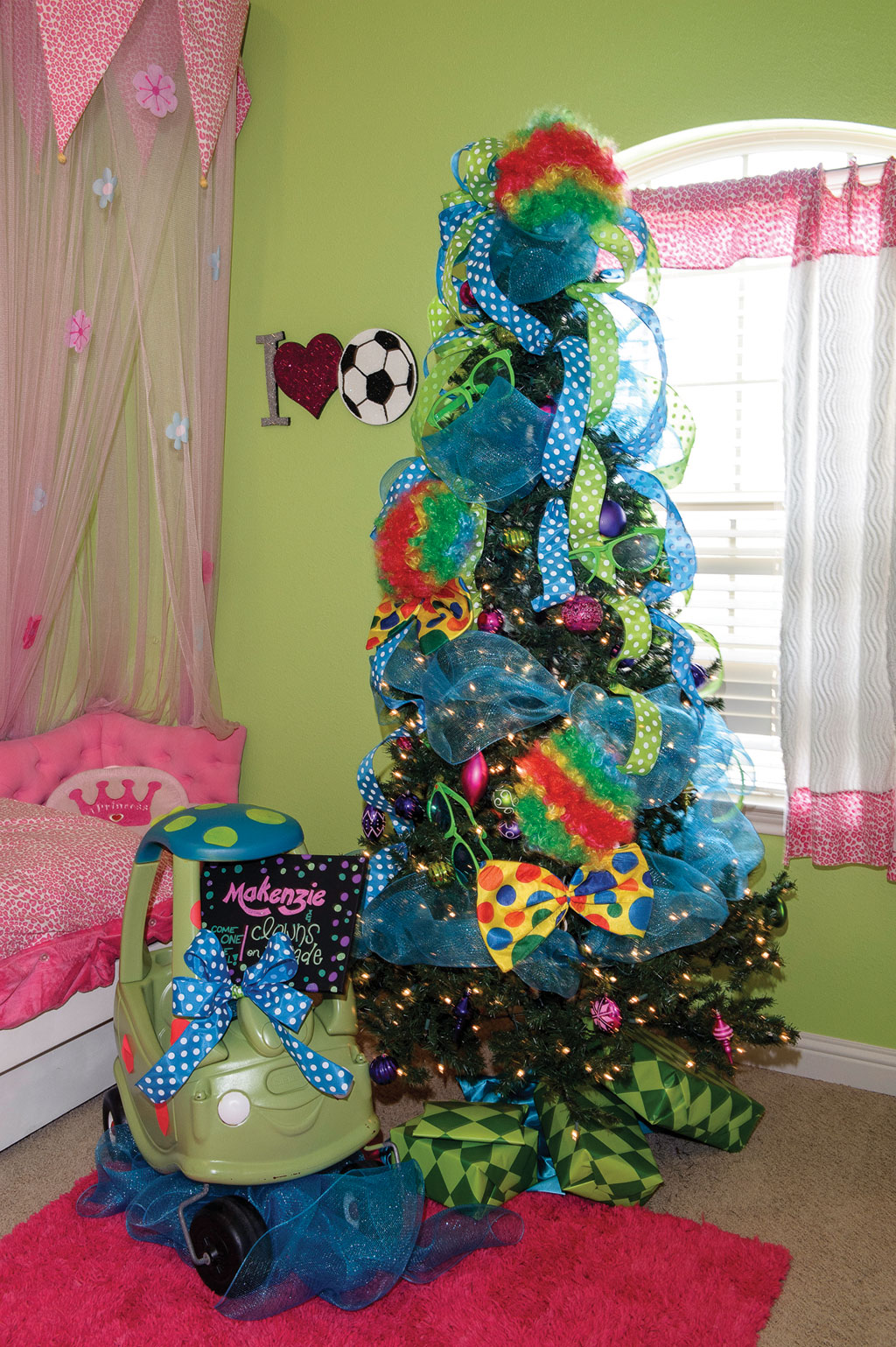 Makenzie, the oldest of four girls, has a clown-themed bedroom that includes her clown car, fuzzy clown wigs, over-sized bow ties and coordinating gift wrap.
