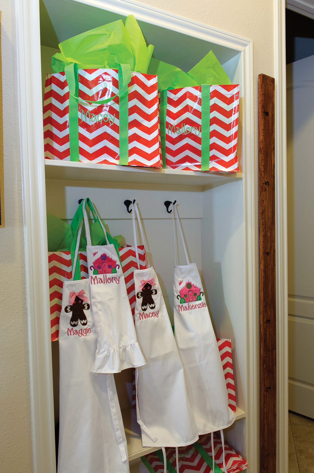 With a house full of girls, the aprons are always ready for holiday baking. Plus, the bags are a great place for the girls to store their Secret Santa gifts.