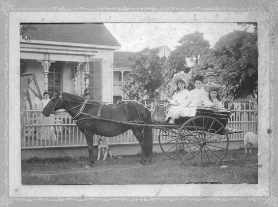 Lizzie Wessendorff, Nettie Laurie Winston, Jenetta Wessendorff, and Blakely Winston on a pony cart with pony Countess.